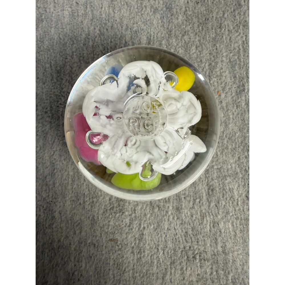 Joe Rice Glass Paperweight Trumpet Flower Floral Controlled Bubble 3" Vintage - Picture 8 of 9